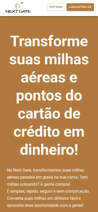 Página inicial da Next Gate Pontos e Milhas com formulário de cotação de milhas na versão para celular