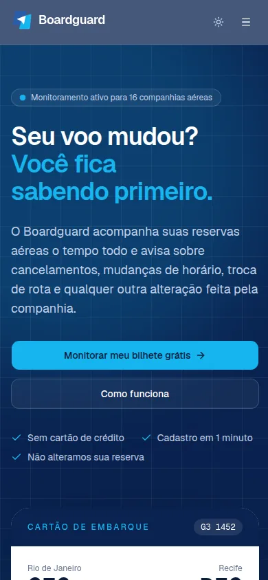 Página inicial da plataforma Boardguard de monitoramento de passagens aéreas na versão para celular