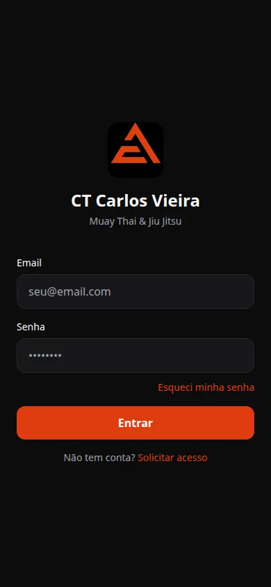 Tela de acesso do aplicativo CT Carlos Vieira de Muay Thai e Jiu Jitsu